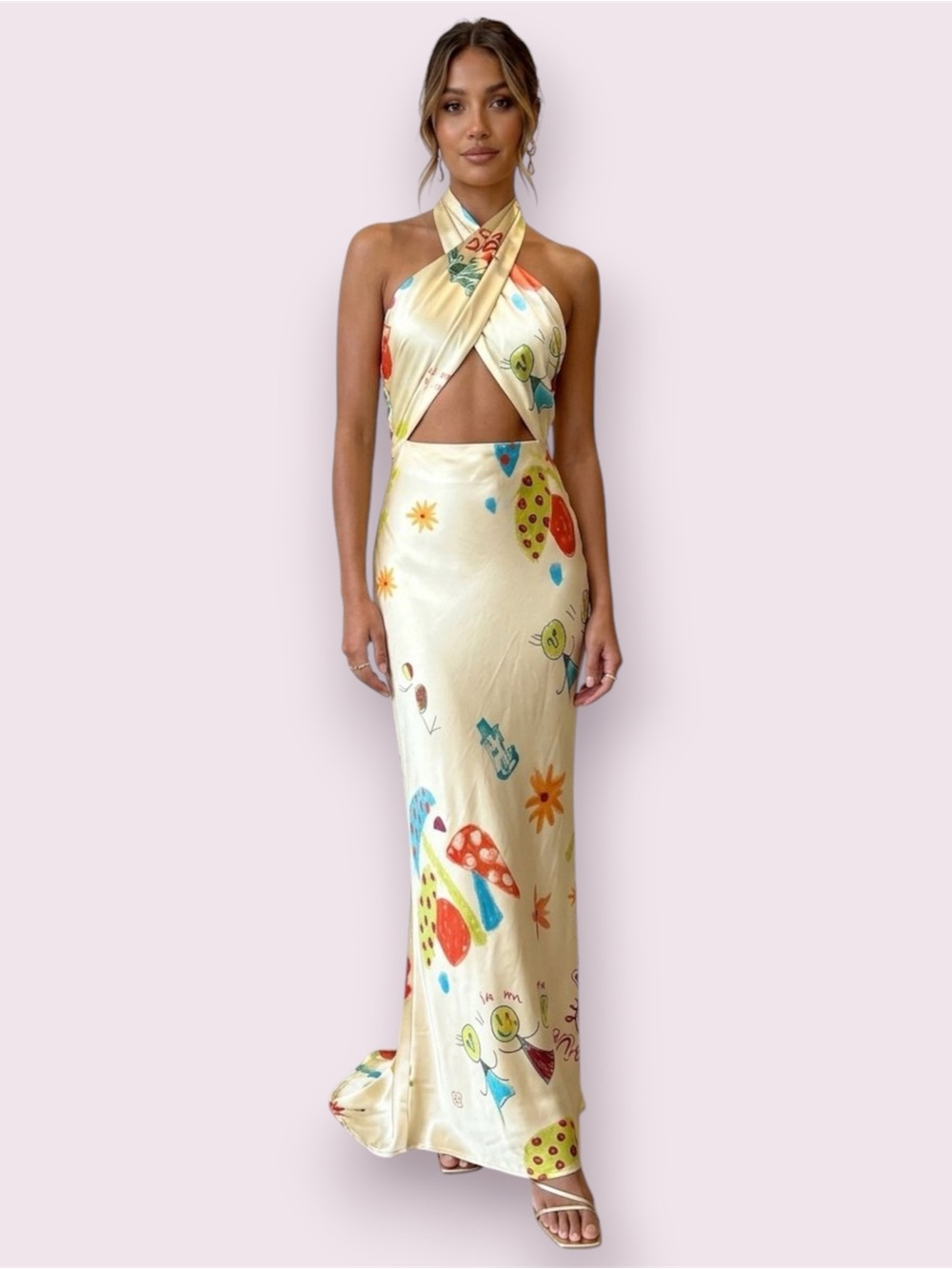 SIMON MILLER Yellow Satin Halter Cross Maxi Dress Whimsical Doodle Print Small